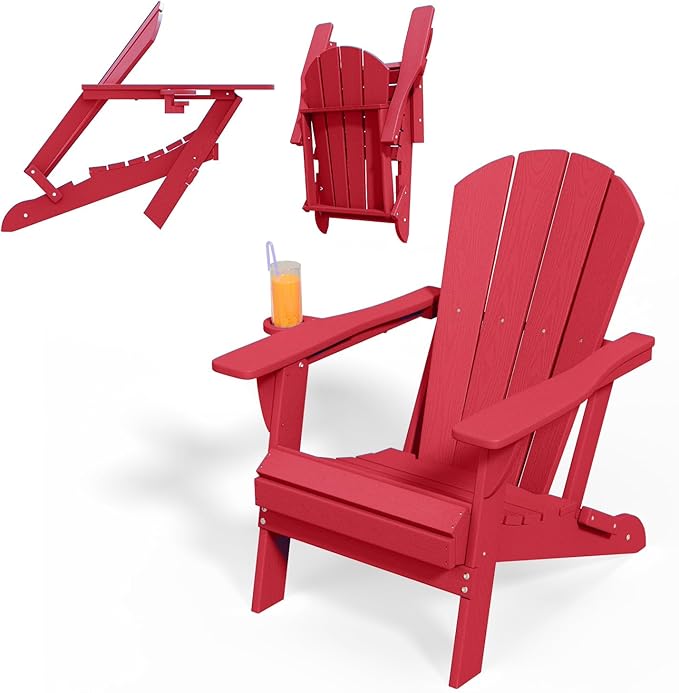 Folding Adirondack Chairs with Cup Holders, Set of 6 HDPE Plastic Outdoor Chairs, Weather Resistant, Real Wood Look - Photo 4