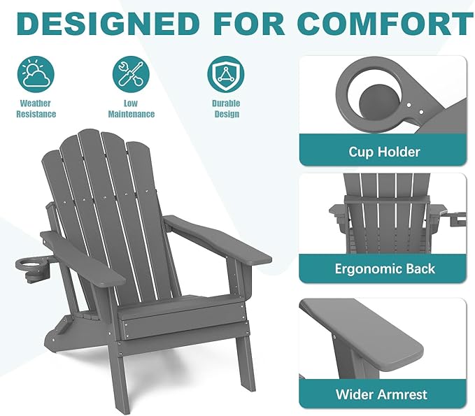 FOOWIN HDPE Adjustable Adirondack Chair Set of 4, 400lbs Heavy Duty Folding Patio Chairs with Cup Holder, 3-Position Reclining Fire Pit Seating, All-Weather Poly Lumber for Backyard, Deck - Grey