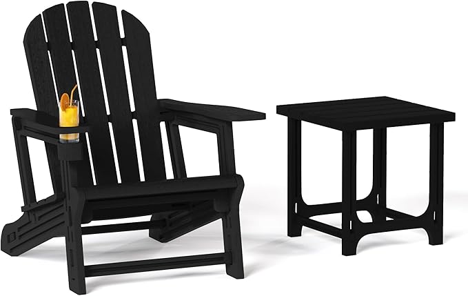 Costaelm Cayman 2-Piece HDPE Plastic Adirondack Patio Chair Set with 18" Side Table, Black