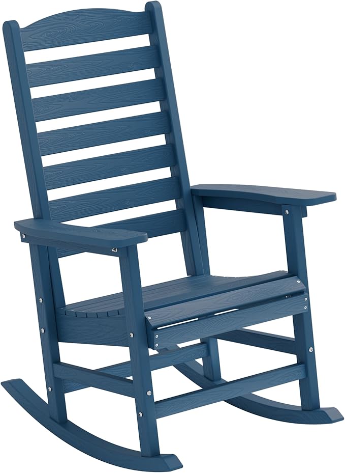YEFU Outdoor Rocking Chair,Poly Porch Rocker with Curved Backrest,All Weather Patio Rocking Chair,Like Real Wood,for Indoor,Lawn, Backyard,Garden,Heavy Duty,Weight Capacity 380lbs(Navy Blue)