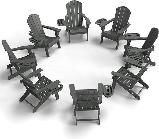 FOOWIN Folding Adirondack Chair Set of 8, HDPE Adirondack Chairs with Cup Holder, Weather Resistant Plastic Fire Pit Chairs for Outdoor, Patio, Lawn, Garden, Backyard, Deck, White Grey