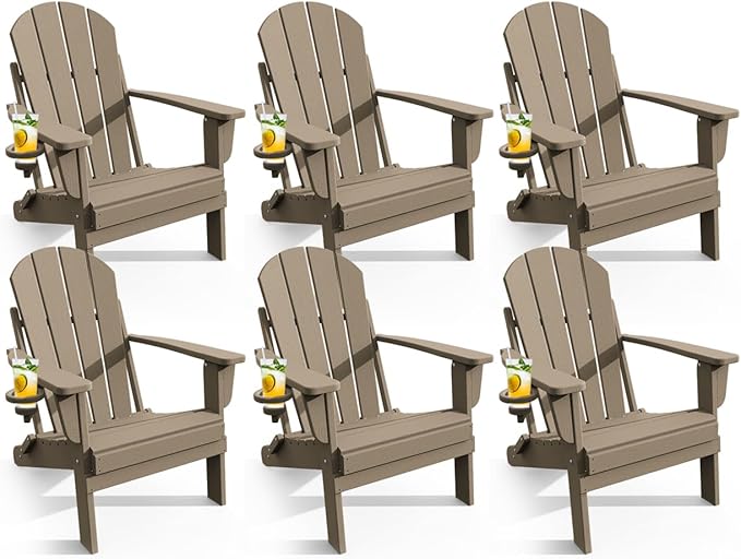 Adirondack Chair with Cup Holder Set of 6, Folding HDPE Patio Chairs, Outdoor Plastic Fire Pit Chair, Wood Texture, Lawn Chairs for Deck, Porch, Backyard, Garden, Weathered Wood