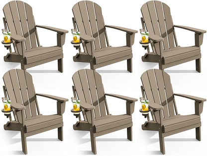 Adirondack Chair with Cup Holder Set of 6, Folding HDPE Patio Chairs, Outdoor Plastic Fire Pit Chair, Wood Texture, Lawn Chairs for Deck, Porch, Backyard, Garden, Weathered Wood