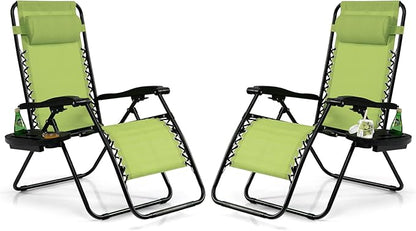 Tangkula Set of 2 Zero Gravity Chair, Folding Patio Lounge Chair Adjustable Outdoor Recliner with Cup Holder, Wide Armrest for Patio Garden Poolside Outdoor Yard Beach, Support 350 lbs (2, Green)