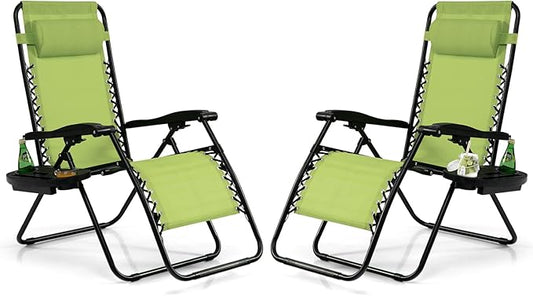 Tangkula Set of 2 Zero Gravity Chair, Folding Patio Lounge Chair Adjustable Outdoor Recliner with Cup Holder, Wide Armrest for Patio Garden Poolside Outdoor Yard Beach, Support 350 lbs (2, Green)