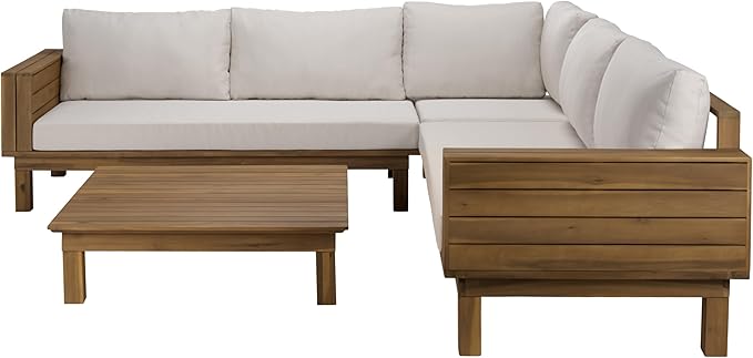 SAFAVIEH Outdoor Patio Furniture Collection - Napoli Oak Brown & Cream Solid Wood 4-Piece Sectional Sofa Set with Coffee Table, Durable Cushions, Modern Outdoor Seating (PAT6806B)