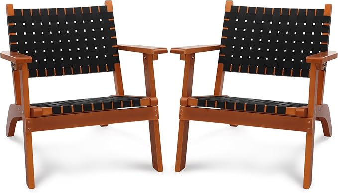 VINGLI Outdoor Armchair, All-Weather Wooden Patio Chair with Waterproof PE Woven Fabric, Adirondack Chair for Garden, Lawn and Poolside (2, Black and Brown)