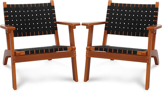 VINGLI Outdoor Armchair, All-Weather Wooden Patio Chair with Waterproof PE Woven Fabric, Adirondack Chair for Garden, Lawn and Poolside (2, Black and Brown)