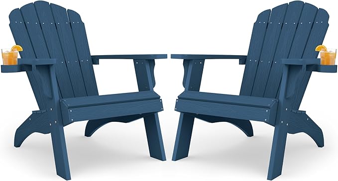 Oversized Plastic Adirondack Chair Set of 2 with Cup-Holder (Large Dual-Purpose), Weather Resistant, Poly Lumber Outdoor Chairs Duty Rating Widely Used in Patio, Lawn, Outside, Deck, Garden -Navy blue