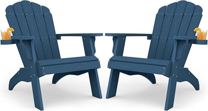 Oversized Plastic Adirondack Chair Set of 2 with Cup-Holder (Large Dual-Purpose), Weather Resistant, Poly Lumber Outdoor Chairs Duty Rating Widely Used in Patio, Lawn, Outside, Deck, Garden -Navy blue