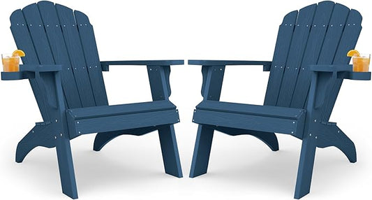Oversized Plastic Adirondack Chair Set of 2 with Cup-Holder (Large Dual-Purpose), Weather Resistant, Poly Lumber Outdoor Chairs Duty Rating Widely Used in Patio, Lawn, Outside, Deck, Garden -Navy blue