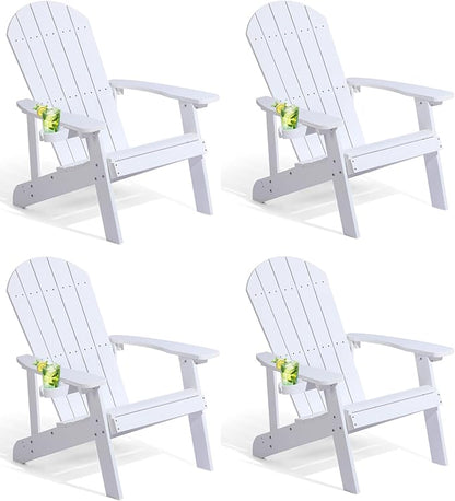 Adirondack Chairs Set of 4, All Weather Resistant Plastic Chairs with Cup Holder, 5 Easy Steps to Install, Outdoor Chairs for Patio, Garden, Backyard Deck, Lawn, Fire Pit - White