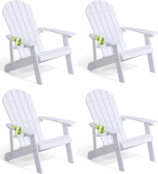 Adirondack Chairs Set of 4, All Weather Resistant Plastic Chairs with Cup Holder, 5 Easy Steps to Install, Outdoor Chairs for Patio, Garden, Backyard Deck, Lawn, Fire Pit - White
