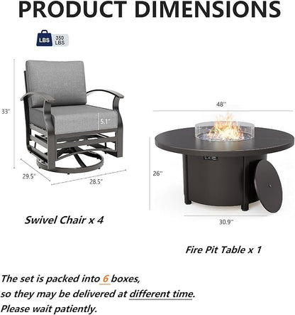 Gotland 5 Piece Patio Set, Aluminum Outdoor Swivel Chairs Set with 48’’ Round Fire Pit 5.1’’ High-Resilience Seat Cushions 29.5" Deep Seating, Metal Patio Furniture Set Patio Conversation Sets, Grey