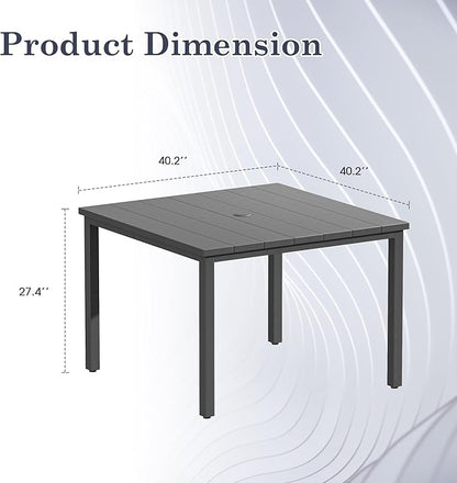 Outdoor Dining Table with Adjustable Umbrella Hole, 40.2" All-Weather Square Patio Dining Table for 4, Metal Patio Table for Garden Lawn Porch Deck Yard, Dark Grey