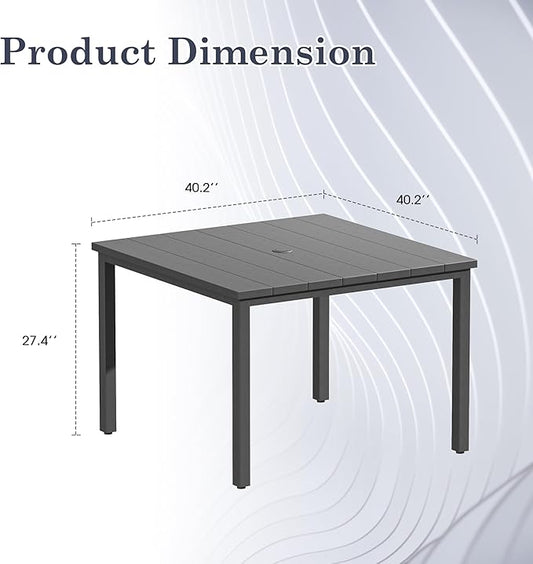 Outdoor Dining Table with Adjustable Umbrella Hole, 40.2" All-Weather Square Patio Dining Table for 4, Metal Patio Table for Garden Lawn Porch Deck Yard, Dark Grey