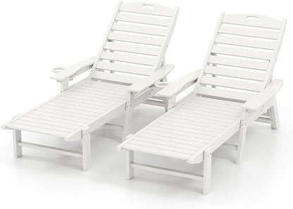 Giantex Adjustable Chaise Lounges Outdoor - Set of 2 Patio HDPE Reclining Chairs Outdoor Recliners W/ 4-Position Backrest, Movable Cup Holder, Chaise Lounge Chairs for Outdoor (2, White)