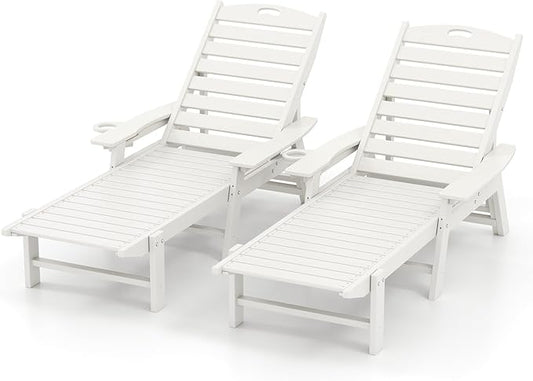 Giantex Adjustable Chaise Lounges Outdoor - Set of 2 Patio HDPE Reclining Chairs Outdoor Recliners W/ 4-Position Backrest, Movable Cup Holder, Chaise Lounge Chairs for Outdoor (2, White)