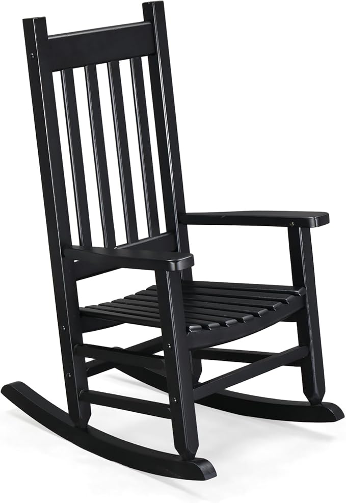 Outvita Wood Children's Rocking Chair, Perfect for Indoor or Outdoor All-Weather Wooden Porch Rocker for Garden, Yard, and Balcony, Patio Rocking Chair Suitable for Kids Ages 6-10(Black)