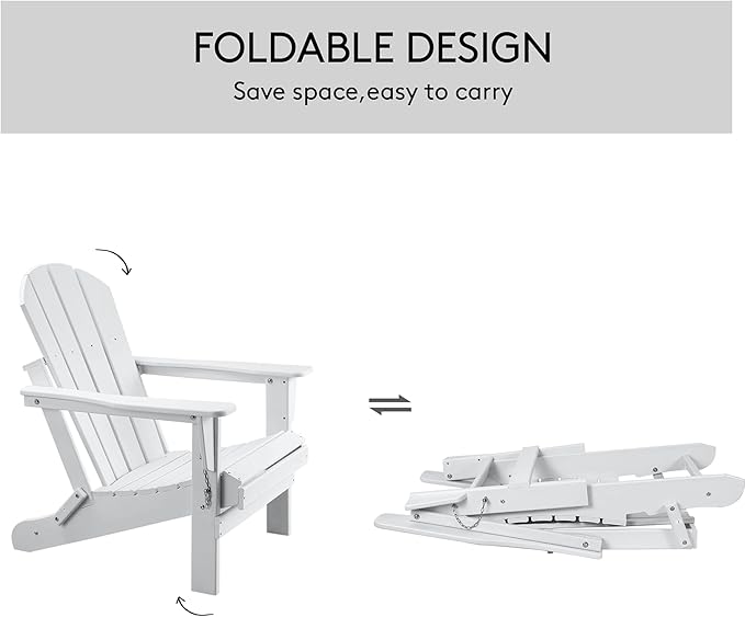 Folding Adirondack Chairs, Patio Chair, Patio Adirondack Chair Weather Resistant, Outdoor HDPE All-Weather Adirondack Chair for Fire Pit, Pool, Balcony, Backyard, White