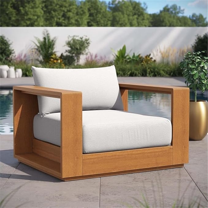 Pemberly Row Outdoor Patio Acacia Wood Chair, Natural Light Gray Finish, Weather-Resistant Fabric, Dense Foam Padding - Photo 2