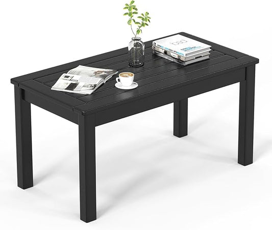 VINGLI Outdoor Coffee Table, HDPE Patio Coffee Table for Outside, All-Weather Rectangle Coffee Table for Deck, Garden, Balcony, Porch, Indoor & Outdoor Use (Black)