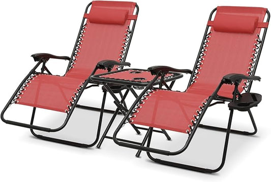 Athena Collection Zero Gravity Outdoor Lounge Chair Set of 2 with Side Table, 25" Width Pool Lounge Lawn Chairs Reclining with Cup Holder, Outdoor Chaise for Beach Patio Backyard Outside, Dark Red