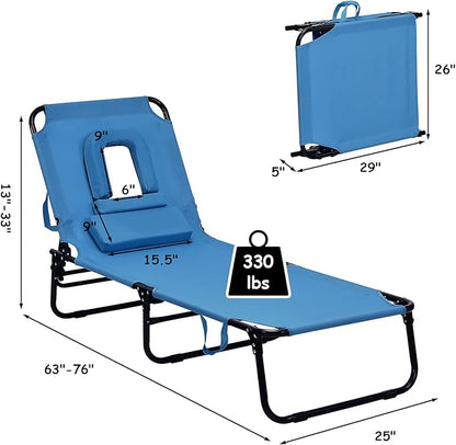 GYMAX Beach Lounge Chair, Sunbathing Chair Patio Lounge Chair Folding Adjustable Recliner with Hole for Face