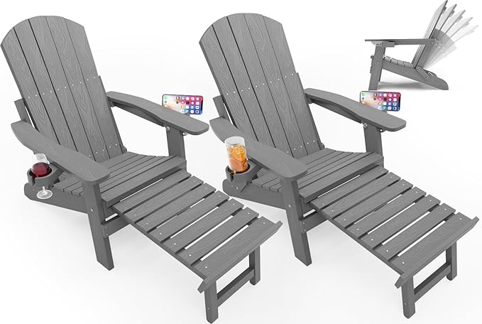 YEFU Adirondack Chair with Retractable Ottoman: Folding Adirondack Chairs Set of 2-5-Level Adjustable Backrest with Footrest - Fire Pit Chairs - 2 Cup Holder - Outdoor Plastic Chair for Patio(Grey)