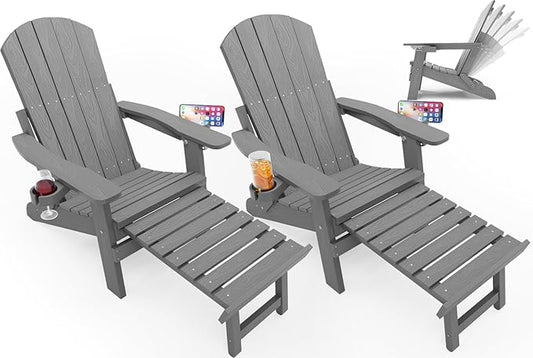 YEFU Adirondack Chair with Retractable Ottoman: Folding Adirondack Chairs Set of 2-5-Level Adjustable Backrest with Footrest - Fire Pit Chairs - 2 Cup Holder - Outdoor Plastic Chair for Patio(Grey)