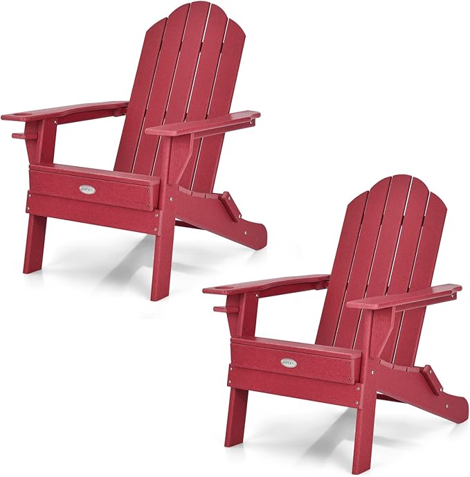 Tangkula Outdoor Folding Adirondack Chair, HDPE Armchairs with Cup Holder, Weather Resistant Lounger Chair for Patio Garden Fire Pit Backyard, Lawn Porch Seating, Adirondack Lounger (1, Red)