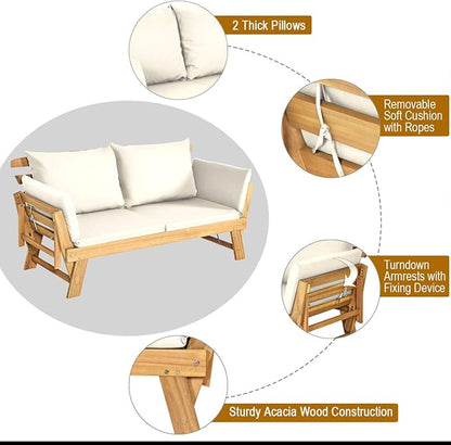 Tangkula Convertible Acacia Wood Patio Couch Sofa Bed with Adjustable Armrest, Outdoor Daybed with Cushion & Pillows, Outside Folding Futon Sofa Couch Bench for Porch, Courtyard, Poolside & Garden