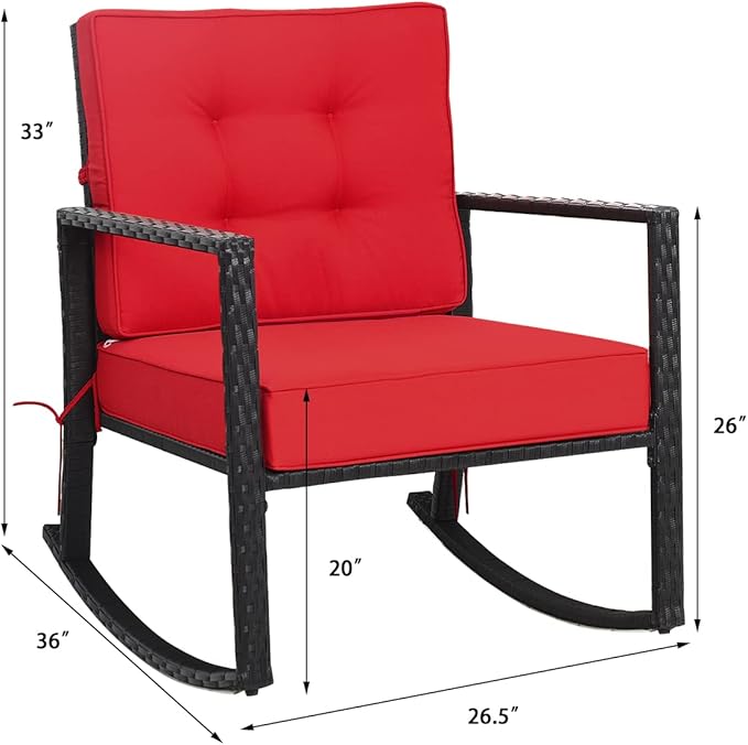 Tangkula Wicker Rocking Chair, Outdoor Glider Rattan Rocker Chair with Heavy-Duty Steel Frame, Patio Wicker Furniture Seat with 5” Thick Cushion for Garden, Porch, Backyard, Poolside (1, Red)