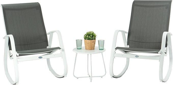 Kozyard Outdoor Patio Rocking Sling Chair, Powder Coated Aluminum Frame, Weather Resistant and Breathable Mesh Fabric for Patio, Porch, Yard, Garden (Grey, 2Chairs + Table)
