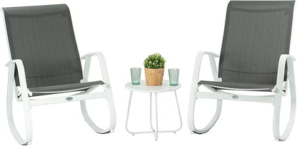Kozyard Outdoor Patio Rocking Sling Chair, Powder Coated Aluminum Frame, Weather Resistant and Breathable Mesh Fabric for Patio, Porch, Yard, Garden (Grey, 2Chairs + Table)