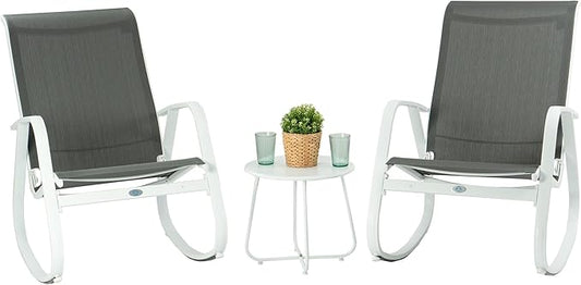 Kozyard Outdoor Patio Rocking Sling Chair, Powder Coated Aluminum Frame, Weather Resistant and Breathable Mesh Fabric for Patio, Porch, Yard, Garden (Grey, 2Chairs + Table)