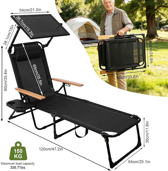 Folding Lounge Chairs for Outside, Beach Patio Lounge Chair with Canopy, Sunbathing/Tanning Chair with 4 Adjustable Backrest & Cup & Pillow,Holds 330 Lb, Outdoor Garden Pool
