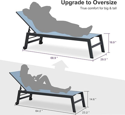 PURPLE LEAF Outdoor Chaise Lounge Set for 2 Oversized Pool Lounge Chairs with Easy-to-Move Wheels and Adjustable Backrest Extra Large Patio Loungers for Poolside Deck Beach Yard Table Included, Teal
