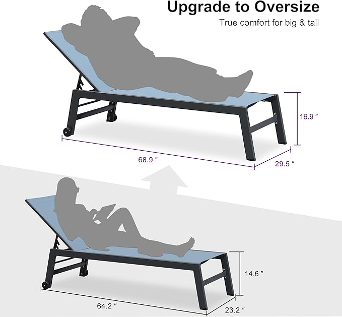 PURPLE LEAF 6-Piece Outdoor Chaise Lounge Oversized Pool Lounge Chairs with Easy-to-Move Wheels and Adjustable Backrest - Photo 3