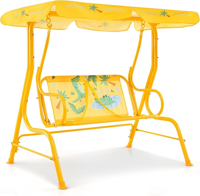 Costzon Kids Porch Swing, All-Weather Patio Swing Bench Hammock w/Adjustable Canopy & Safety Belts for 2 Children - Photo 9
