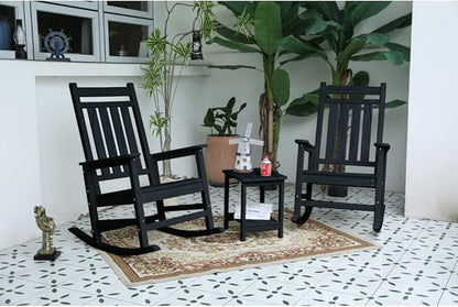 Outdoor Rocking Chair Set with Side Table, 3-Piece Rocking Chair Set with Wood-Texture,All Weather-Resistant,Black (Black + Plastic)