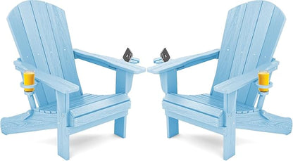 SERWALL Adirondack Chair with Cup Holders - Composite Adirondack Chairs HDPE Outdoor Chairs Set of 2 All Weather Use- Light Blue