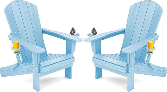 SERWALL Adirondack Chair with Cup Holders - Composite Adirondack Chairs HDPE Outdoor Chairs Set of 2 All Weather Use- Light Blue