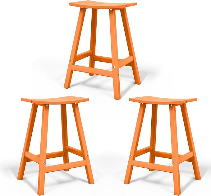 Costaelm All-Weather Bar Stools Set of 3, 24" Height Outdoor Bar Stools, Adirondack Poly Patio Bar Stool for Patio, Deck, Kitchen Counter and Garden, Orange
