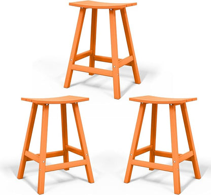 Costaelm All-Weather Bar Stools Set of 3, 24" Height Outdoor Bar Stools, Adirondack Poly Patio Bar Stool for Patio, Deck, Kitchen Counter and Garden, Orange