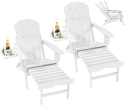 FOOWIN Folding Adjustable Adirondack Chair with Retractable Ottoman Set of 2,HDPE Adirondack Chair w/4 in 1 Cup Holder Trays,All-Weather Resistant Fire Pit Chair for Outdoor Patio Lawn, White