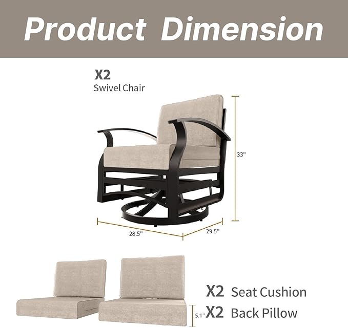 Gotland 2 Piece Patio Set, Metal Outdoor Swivel Chairs Set of 2 with 5.1’’ High-Resilience Seat Cushions 6.2’’ Back Pillow Removable Cushions for Backyard, Lawn, Porch, Khaki
