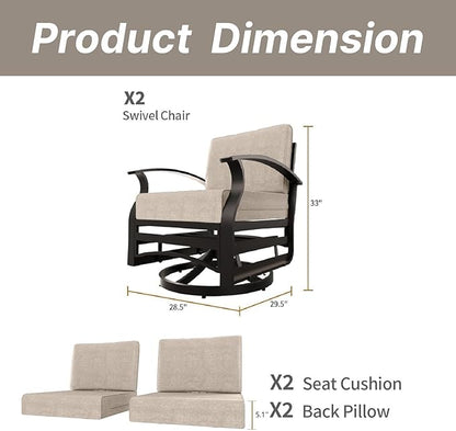 Gotland 2 Piece Patio Set, Metal Outdoor Swivel Chairs Set of 2 with 5.1’’ High-Resilience Seat Cushions 6.2’’ Back Pillow Removable Cushions for Backyard, Lawn, Porch, Khaki