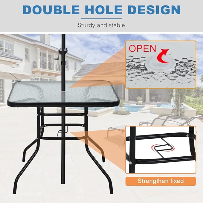 32" Square Outdoor Dining Table - Tempered Glass Top with Umbrella Hole - Photo 8