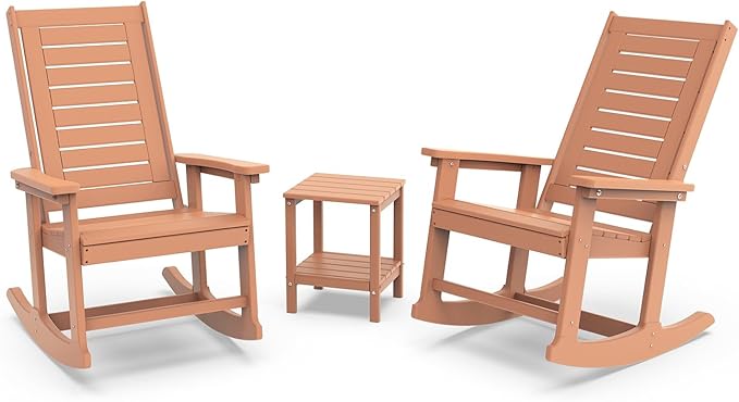 GREENVINES Outdoor Rocking Chair Set | 3-Piece | 2 Rocking Chairs with 1 Side Table | Porch Rocker | HDPE Plastic | Teak | Patio Furniture Sets | High Back | Big & Tall | Ladder Back